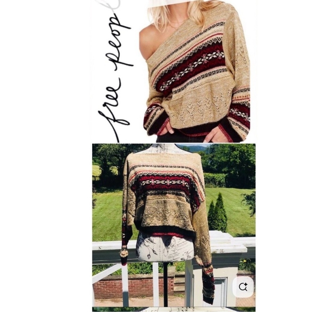 Free People Tan FairIsle Off-Shoulder Sweater Burgundy Black Large metallic gold